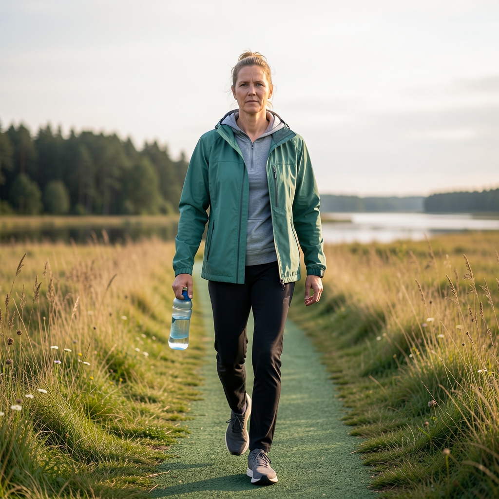 Aktiv voksen på grøn sti med vandflaske og let jakke i dansk landskab