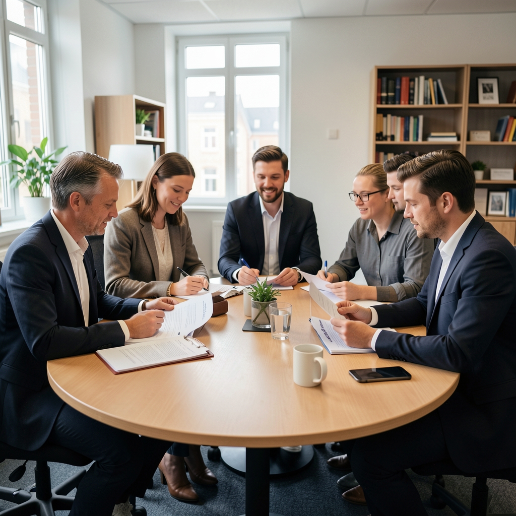 To redaktører der sammenligner udskrifter og noter ved rundt bord i nordisk kontor