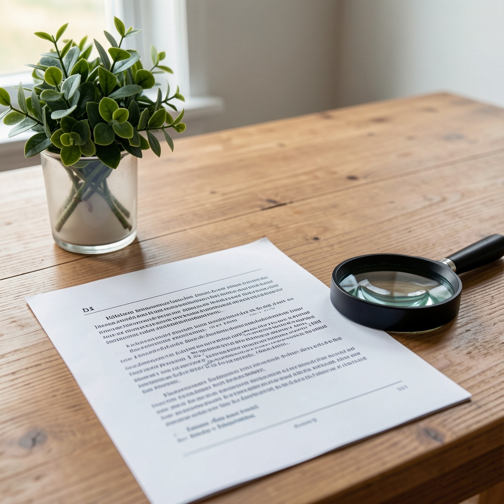 Redaktionelt arbejdsbord med markerede kildetekster, lup og grøn plante i glas